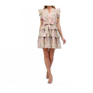 Floral Eyelet Ruffled Tiered Dress With Waist Tie  Small NWT